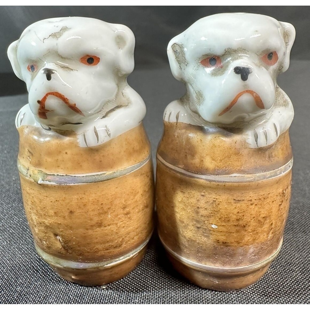 Vintage Japan Bulldog Dogs in Barrels Salt Pepper Shakers Ceramic Figural Set